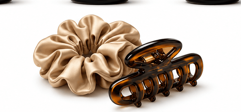 Silk scrunchie and tortoiseshell hair clip