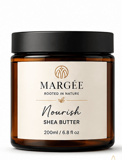MARGÉE Nourish Shea Butter, amber jar with black lid