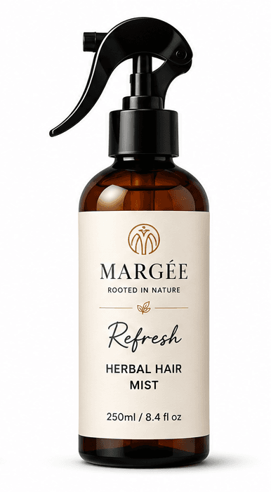 MARGÉE Refresh Herbal Hair Mist, amber spray bottle